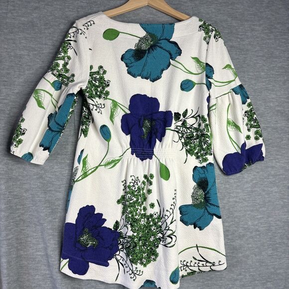 Anthropologie Deletta Haru S Floral Tunic Top Blue Green Puff Sleeve Mid Mod MCM - Picture 15 of 15